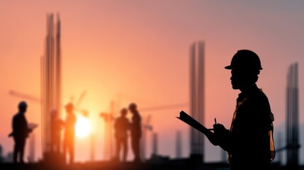 Construction worker looking at plans during sunset