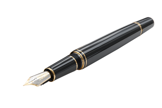 Stylish black fountain black pen vintage style isolated on cut out PNG or transparent background. Realistic equipment stationery template pattern. Fountain pen is that can hold ink in cartridge.