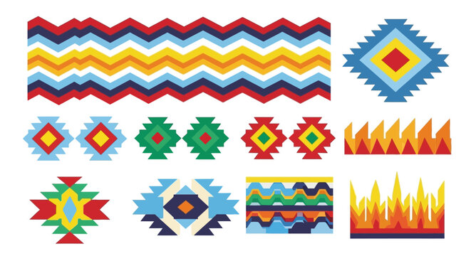 Vibrant assortment colorful mexican textile patterns and geometric designs, including zigzags, diamonds, and abstract shapes, ideal for decorative elements and cultural crafts