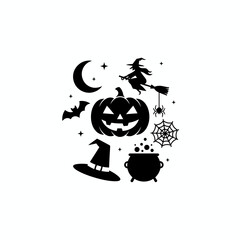 "BOO!" Halloween text design featuring a cute ghost character, spider web, and flying bats. Black and white spooky vector illustration for print or sticker.