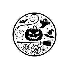 Halloween 'Boo!' Graphic Sticker Design. Black and white circular illustration with pumpkin, ghosts, bats, and a spider silhouette.