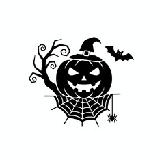 Cute Halloween Boo graphic design with kawaii ghost characters, witch hat, pumpkin, and bats. Black and white vector illustration.
