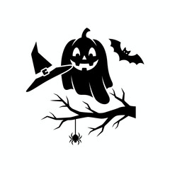 Halloween Boo! Black and white vector design with cute ghosts, jack-o'-lantern, witch hat, and flying bats.