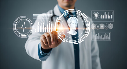 Doctor interacting with holographic patient data, leveraging AI for digital healthcare. Futuristic medical technology and innovation.