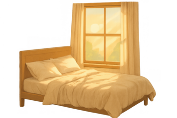 Bedroom illustration with warm morning sunlight entering through window, creating a peaceful and cozy atmosphere
