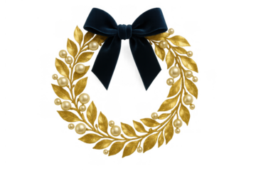 Golden laurel wreath with pearls and a navy velvet bow, symbolizing victory, award, luxury, and success