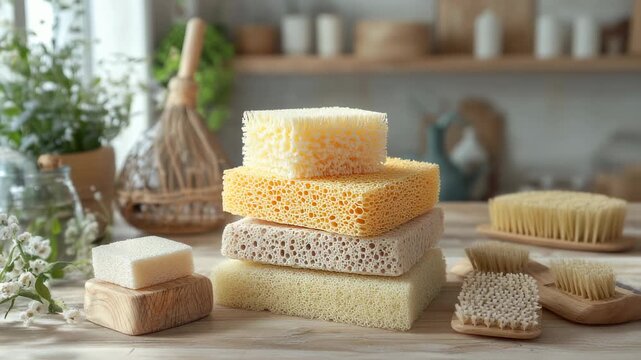 Natural spa and wellness accessories, stacked sponges and wooden brushes for body care, home
