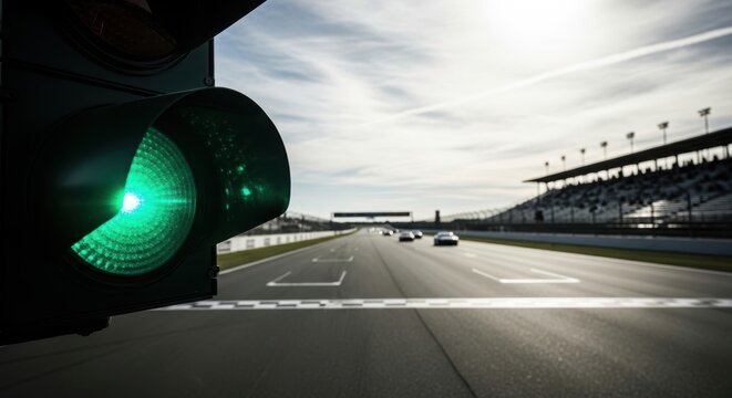 Green light signals start of thrilling race on a dynamic asphalt speedway