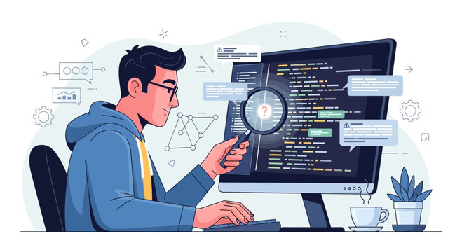 Man with glasses examining code on a monitor with a magnifying glass meticulously, concept for software development, cybersecurity analysis and debugging complex systems