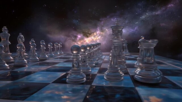 Cosmic chessboard stretches into a nebula-lit horizon, glassy pawns glimmering amid stars across...