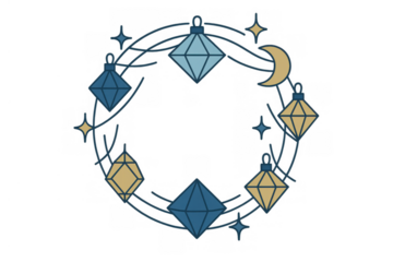 Celestial wreath with geometric diamonds, gold moon, stars, celebrating magic, fantasy, and bohemian cosmic design