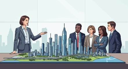 Businesswoman presenting a scale model of a modern city skyline to a team of diverse professionals, concept for urban development projects, investment opportunities and real estate sales strategy