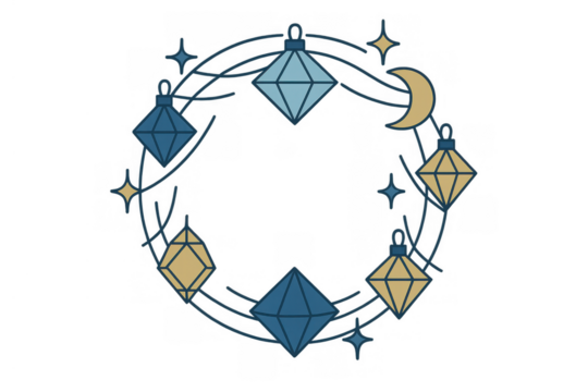 Celestial wreath with geometric diamonds, gold moon, stars, celebrating magic, fantasy, and bohemian cosmic design - Powered by Adobe