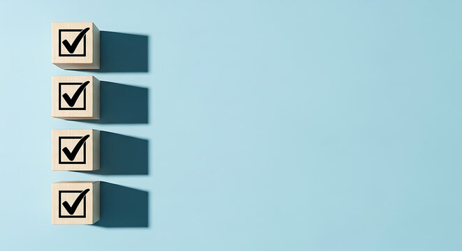 Completion Checklist Graphic Wooden Blocks Displaying Check Marks on Blue Surface Business Success and Achievements