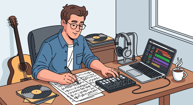 Man composing music at desk with laptop, midi controller, headphones, guitar and coffee, concept for music production, audio engineering and creative lifestyle