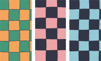 Set of vertical checkered pattern backgrounds with decorative frames, printable stationery design