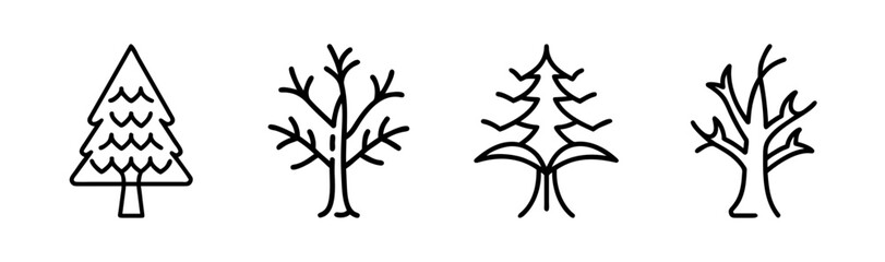 Collection of four distinct line art trees including conifer and deciduous varieties