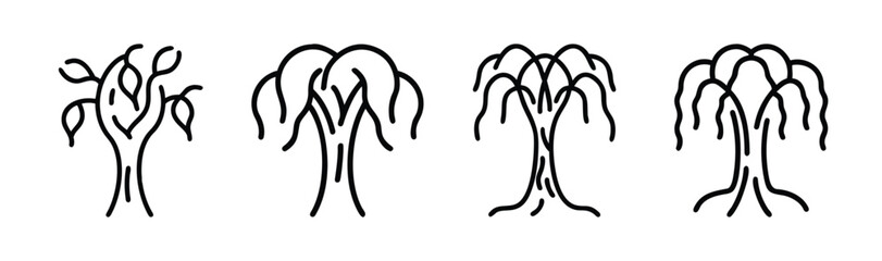 Four stylized willow tree line art designs for nature themes