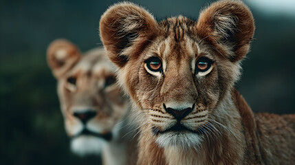 Fototapeta premium Lion cub stares intently with mother lioness blurred in the background in natural habitat