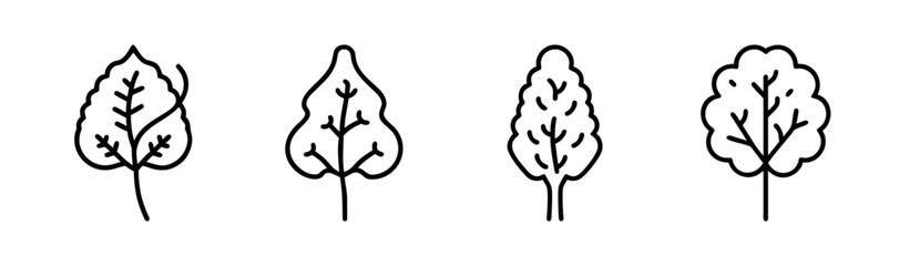 Set of four hand drawn alder tree line art icons in black and white