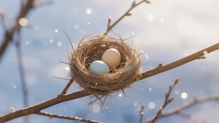 Bird nest with two eggs perched on a branch against a bright sky