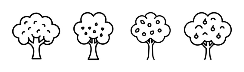 Four hand drawn apple trees with varied fruit displays simple line art style