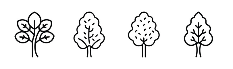 Set of four distinct line art alder trees botanical style simple outline icons