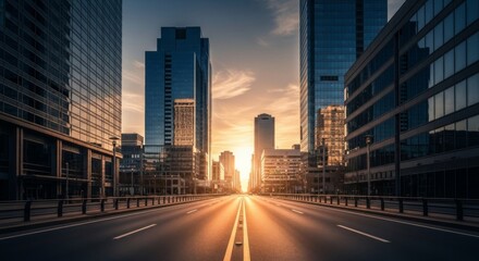 A perspective view of a city street at sunset, framed by tall skyscrapers and illuminated by the sun.