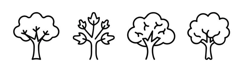 Collection of four stylized tree icons with simple outlines and varying foliage shapes and branch structures