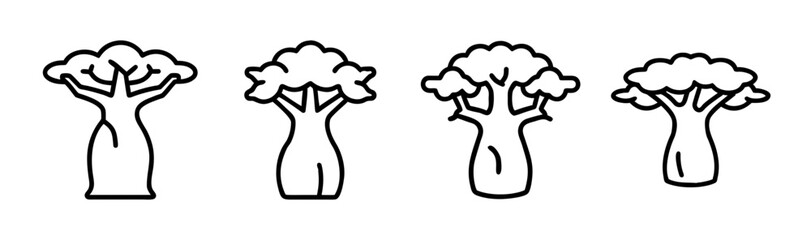 Four distinctive hand drawn baobab trees offering diverse unique organic shapes and outlines