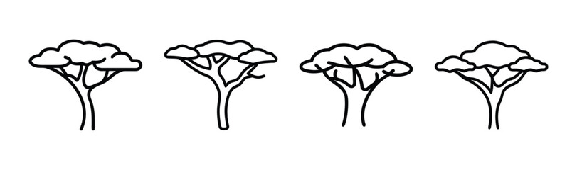 Four stylized outline acacia trees with distinct branching patterns and fluffy canopies