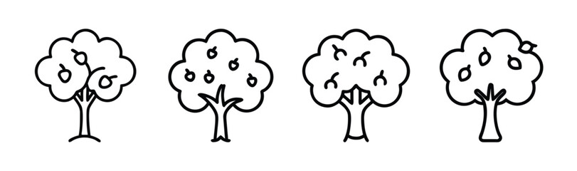 Four hand drawn apple trees with fruit showing organic growth and seasonal bounty