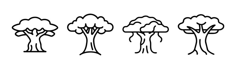 Four stylized banyan tree icons in line art woodland nature design