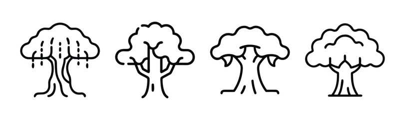 Set of four distinctive banyan tree line art icons perfect for nature and organic designs