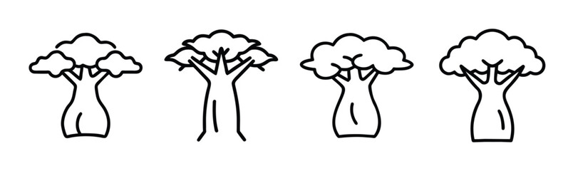 Collection of four sketchy baobab trees minimalist line art stylized nature icons