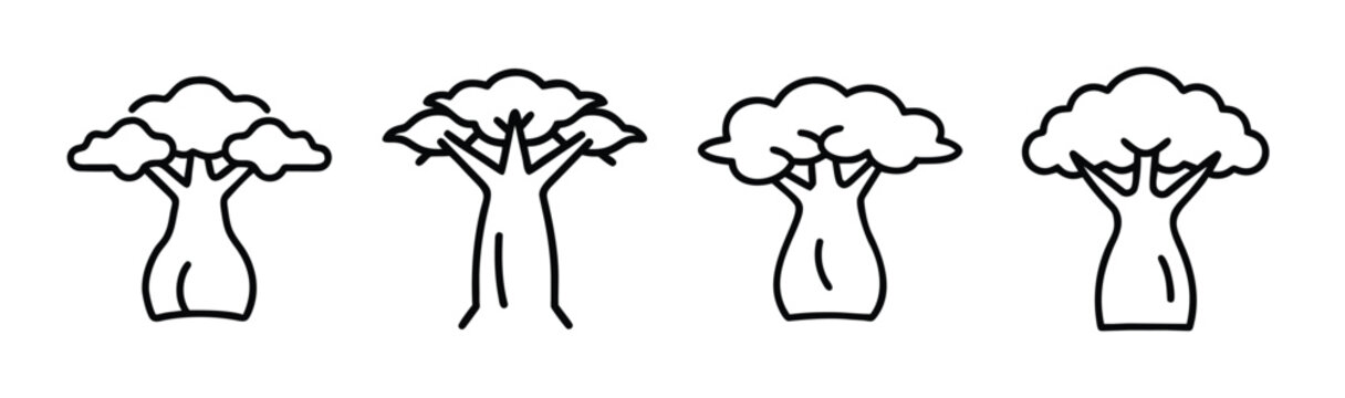 Collection of four sketchy baobab trees minimalist line art stylized nature icons