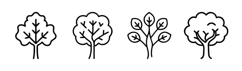 Collection of four stylized hand drawn elm trees nature elements simple line art