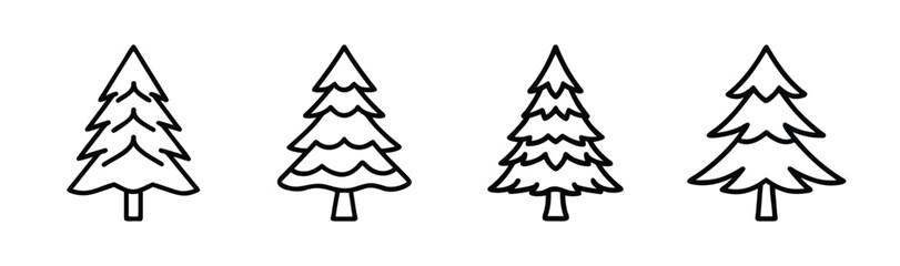 Four hand drawn douglas fir trees isolated stylized evergreen forest elements nature