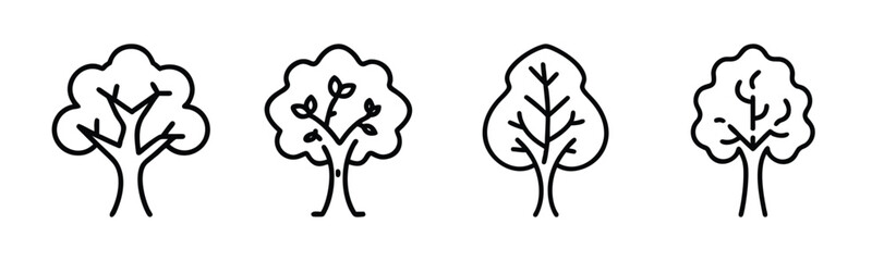 Collection of four stylized elm trees simple line art botanical elements for nature designs