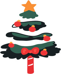 Snow-covered Christmas tree decorated with red ornaments, star, and ribbon, festive winter holiday illustration on transparent background