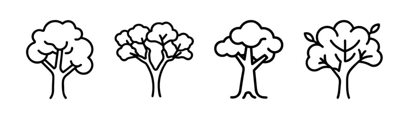 Four stylized hand-drawn eucalyptus trees simple line art botanical art for design projects