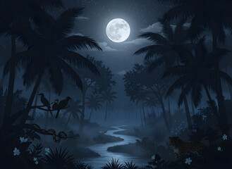 Moonlit Night in the Jungle: A tranquil scene unfolds under the celestial glow of a full moon, with silhouettes of palm trees and other lush vegetation create a mesmerizing ambiance of nature.