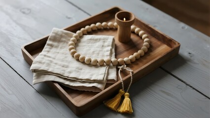 Wooden tray with folded linen cloth, wooden bead necklace, and candle holder on a rustic wooden surface