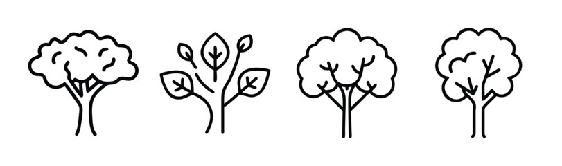 Set of four simple hand-drawn line art tree icons showing variety in foliage and trunk structure