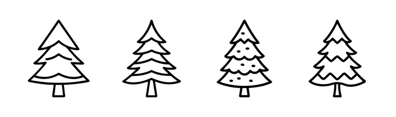Collection of four simple hand-drawn fir trees with varied foliage detail and texture