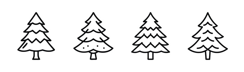 Four simple hand-drawn fir trees in a row line art monochrome