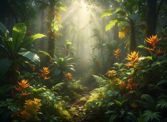 Mystical Jungle: A vibrant display of nature's beauty and wonder, with light streaming through the dense foliage, creating a dreamy and enchanting atmosphere. 