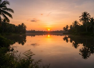 Golden Dawn Reflections: Witness the serene symphony of a sunrise over a tranquil lake, mirroring the palm trees along its edges. Capture the peaceful ambiance of this stunning nature scape.