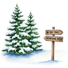 Snow covered pine trees and wooden signpost with trail information