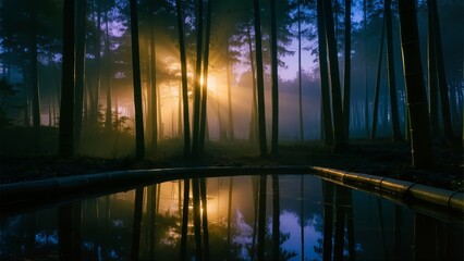 Sunlight filtering through misty forest trees, reflected in a calm pool at dusk